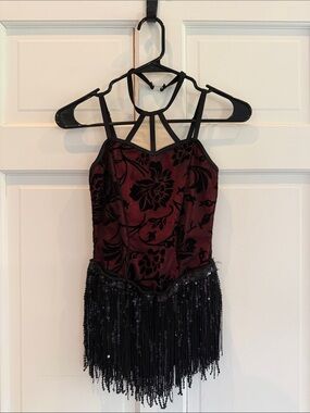 Girls Burgundy and Black Floral Dance Costume with Fringe